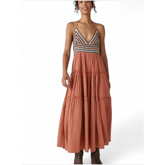 Lucky Brand Dresses & Skirts - LUCKY BRAND BOHO BURNT ORANGE MIDI DRESS CROCHET BODICE SZ XL